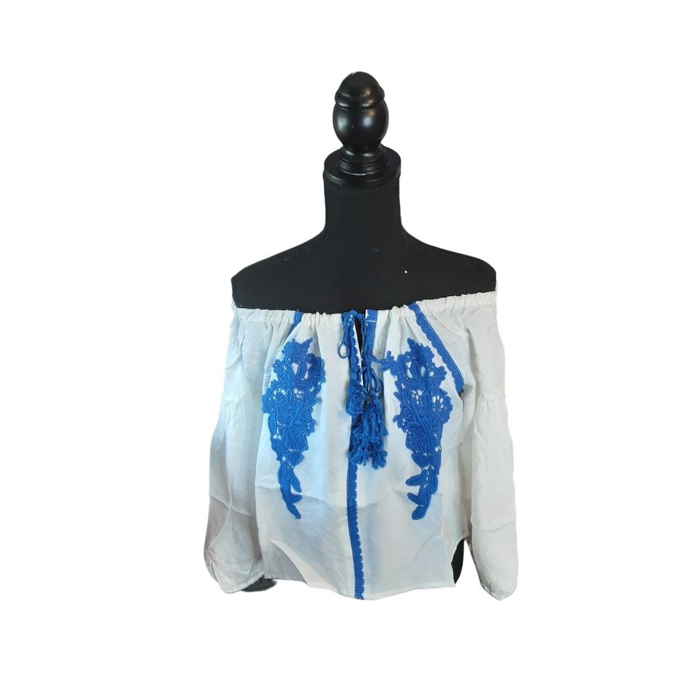 Line & Dot Embroidery Off Shoulder Pheasant Boho Blouse Women's Size M